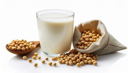 soy milk and soybeans on a white background