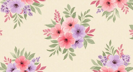 Obraz premium Floral Pattern with Watercolor Flowers and Leaves for Background