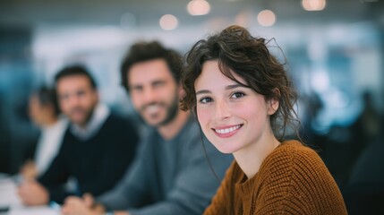 Engaging business meeting with smiling woman modern office professional interaction collaborative environment positive atmosphere