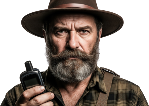 Mature man with handlebar mustache wearing a hat and plaid shirt holding a GPS device