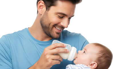 Father feeding baby from bottle close up smiling isolate infant milk newborn