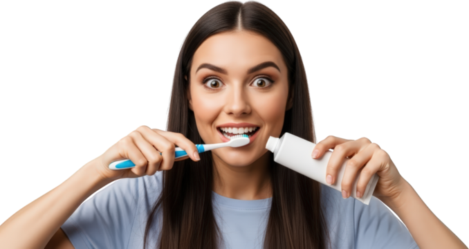 Young woman brushing teeth holding toothbrush and toothpaste tube Isolate