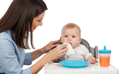 Mother cleaning baby's mouth after meal infant in highchair child wipe