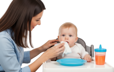 Mother cleaning baby's mouth after meal infant in highchair child wipe