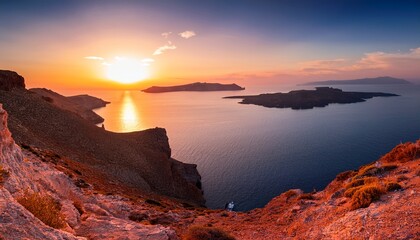 Fototapeta premium mediterranean red sea in cyclades hill greece sunset and the