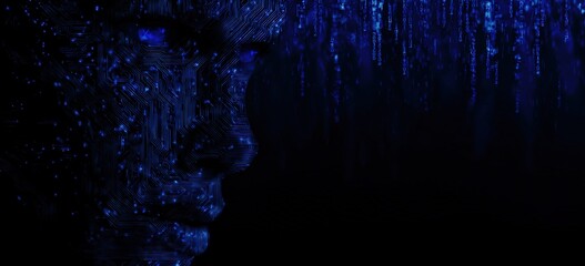 Big data and artificial intelligence concept. Machine learning and cyber mind domination concept in form of men face outline outline with circuit board and binary data flow on blue background.