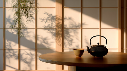 Tea ceremony, teapot and cup, quiet space, modern interior design