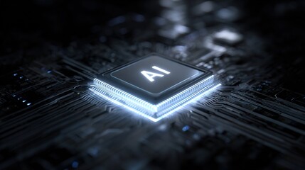 powerful computer processor microchip with the word representing artificial intelligence, AI technology. High quality