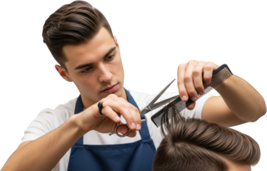 Young male barber cutting hair with scissors and comb Isolate haircut man