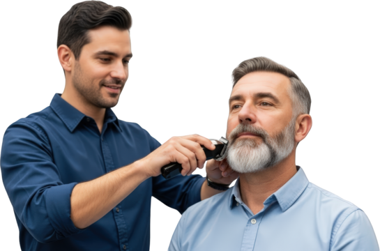 Man getting his beard trimmed by another man close up shot Trimming Barber
