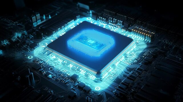 A close-up view of a glowing microchip, showcasing intricate circuits and modern technology in a vibrant digital environment.