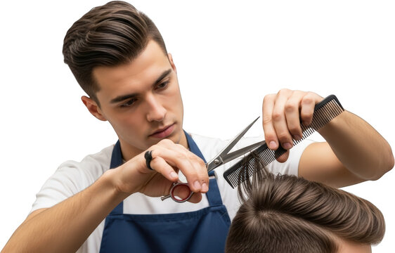 Young male barber cutting hair with scissors and comb Isolate haircut man - Powered by Adobe