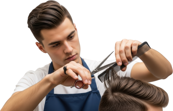 Young male barber cutting hair with scissors and comb Isolate haircut man