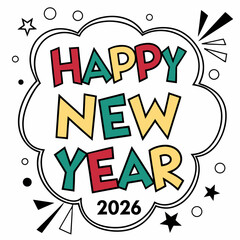 Happy new year 2026 colorful comic book style design