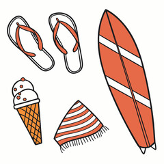 Summer vacation essentials surfboard flip flops ice cream towel
