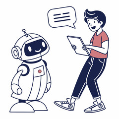 Young man interacting with friendly robot using tablet