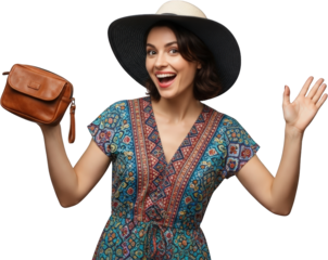 Happy woman in patterned dress holding brown purse wearing sunhat isolate