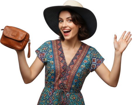 Happy woman in patterned dress holding brown purse wearing sunhat isolate
