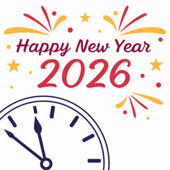 Happy new year 2026 festive clock fireworks design