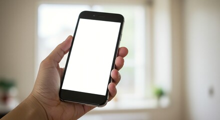 Hand Holding Smartphone with Blank White Screen Mockup for App or Website Design