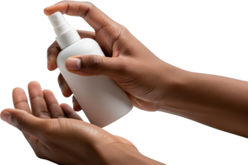 Dark skinned hands applying spray from white bottle isolated spray bottle
