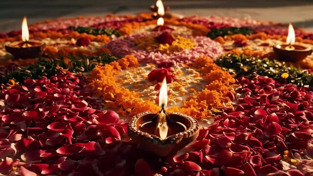 diwali celebration video - Colorful floral rangoli design with oil lamps on a marble floor, creating a festive atmosphere in a traditional setting, symbolizing celebration and culture