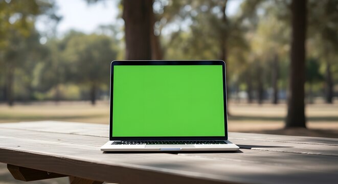 Laptop with Green Screen Outdoors Nature, Work, and Technology Blend