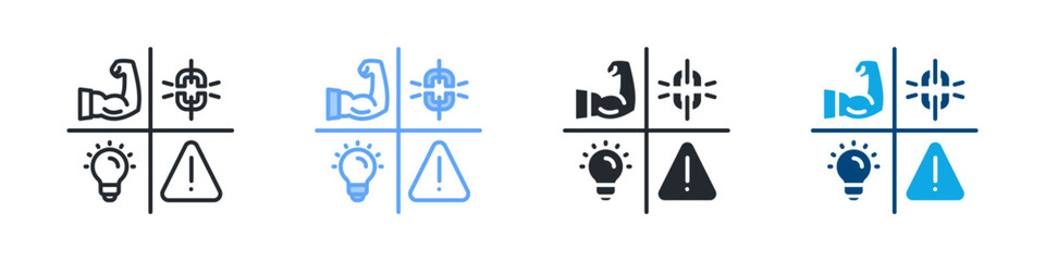 Swot Analysis Icon Set Multiple Style. Design In Outline, Blue, Glyph, Dual Tone