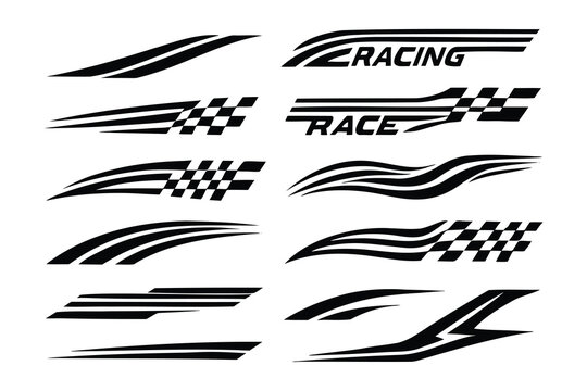 Set of racing stripes for car decals. Includes checkered flag and speed line designs for automotive graphics and decoration.