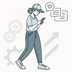 Young woman walking using smartphone social media engagement growth
