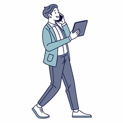 Businessman walking talking phone tablet digital device modern technology