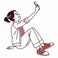 Happy young woman taking selfie sitting floor smartphone