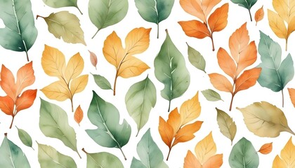 Fall forest leaves in watercolor, scattered on a white background