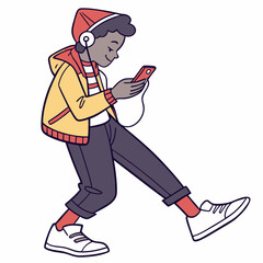 Young person walking listening music smartphone