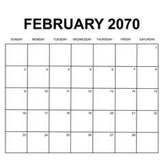 February 2070. monthly calendar design. week starts on Sunday. printable, editable, simple, and clean vector design isolated on white background.