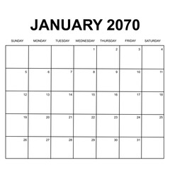 January 2070. monthly calendar design. week starts on Sunday. printable, editable, simple, and clean vector design isolated on white background.