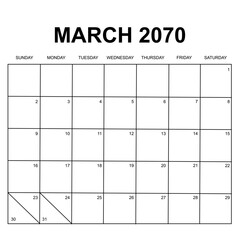 March 2070. monthly calendar design. week starts on Sunday. printable, editable, simple, and clean vector design isolated on white background.
