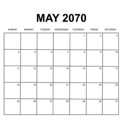 May 2070. monthly calendar design. week starts on Sunday. printable, editable, simple, and clean vector design isolated on white background.