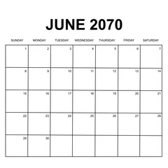 June 2070. monthly calendar design. week starts on Sunday. printable, editable, simple, and clean vector design isolated on white background.