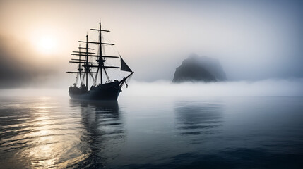 Fototapeta premium Mysterious Fog-Shrouded Ship Silhouette at Sea - Adventure Stock Photo
