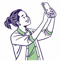 Happy woman taking selfie with smartphone, clean cutout, transparent background