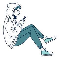 Young person sitting using smartphone casual outfit