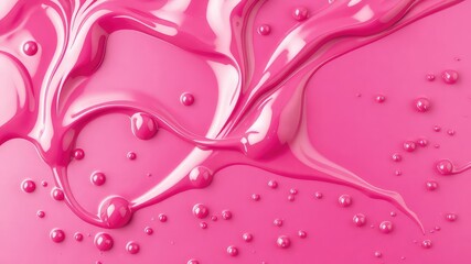 Swirling Texture of a Bright Pink Liquid with Smooth Glossy Surface and Delicate Droplets Forming an Abstract Pattern