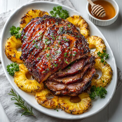 Delicious honey glazed ham garnished with fresh parsley and surrounded by pineapple slices on white platter