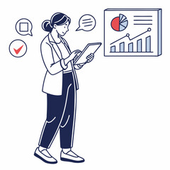 Businesswoman analyzing data on tablet with charts and graphs