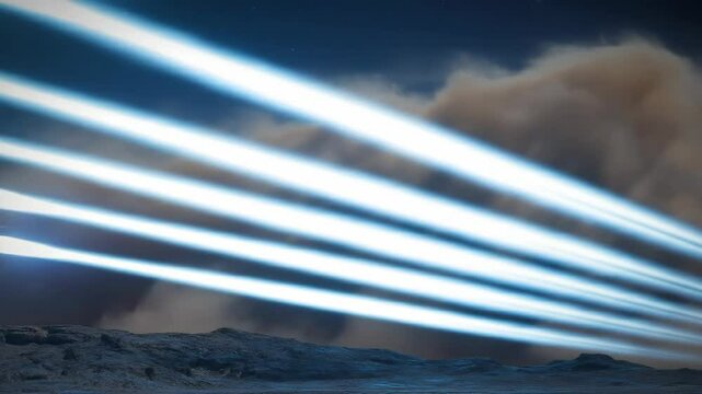 Multiple Rockets Launching with Bright Exhaust Trails Against a Dark Night Sky