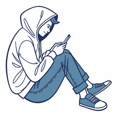 Young man sitting cross legged using smartphone hoodie jeans casual