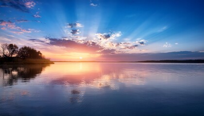 tranquil pastel sunset reflects on calm water