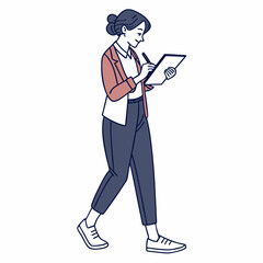 Businesswoman walking and taking notes on clipboard