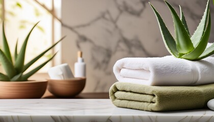 spa setting with fresh towels and aloe vera plant on marble countertop